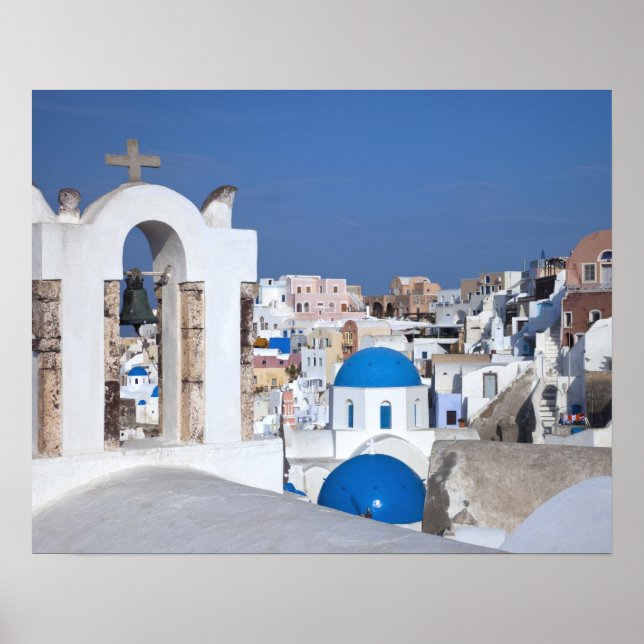 Grekland, Santorini. Klocktorn och blå kupoler på  Poster (Framsidan)