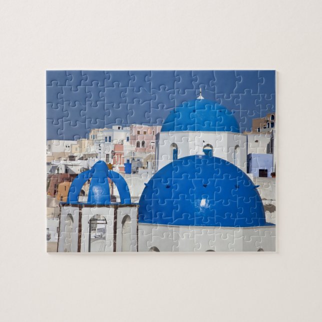 Grekland, Santorini. Klocktorn och blå kupoler på Pussel (Horisontell)