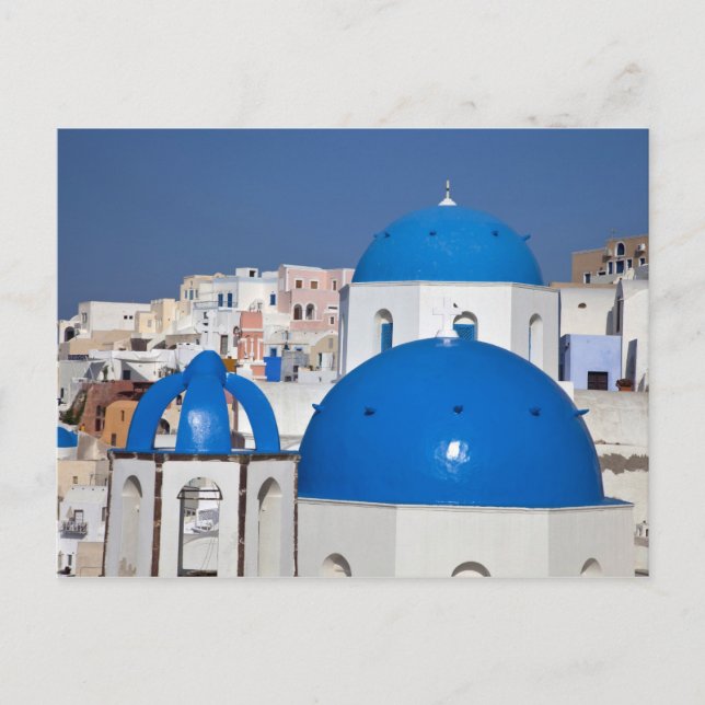 Grekland, Santorini. Klocktorn och blå kupoler på Vykort (Framsida)