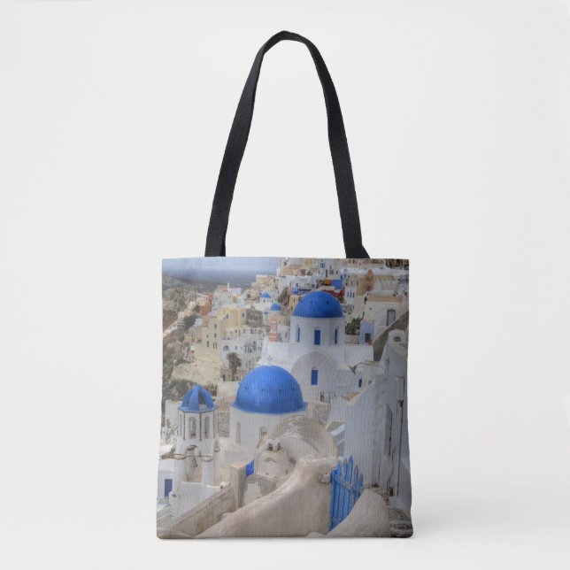 Grekland, Santorini. Klocktorn och blå kupoler Tygkasse (Framsida)