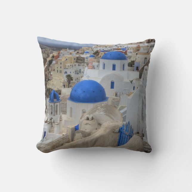 Grekland, Santorini. Klocktorn och blåa kupoler Kudde (Framsida)