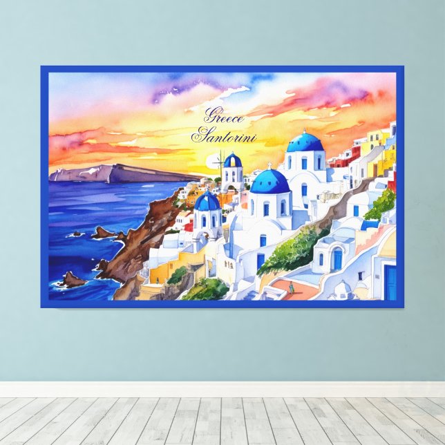 Grekland Santorini Watercolor Sketch Aegean Sea | Canvastryck (Insitu (trägolv))