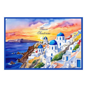 Grekland Santorini Watercolor Sketch Aegean Sea Fototryck