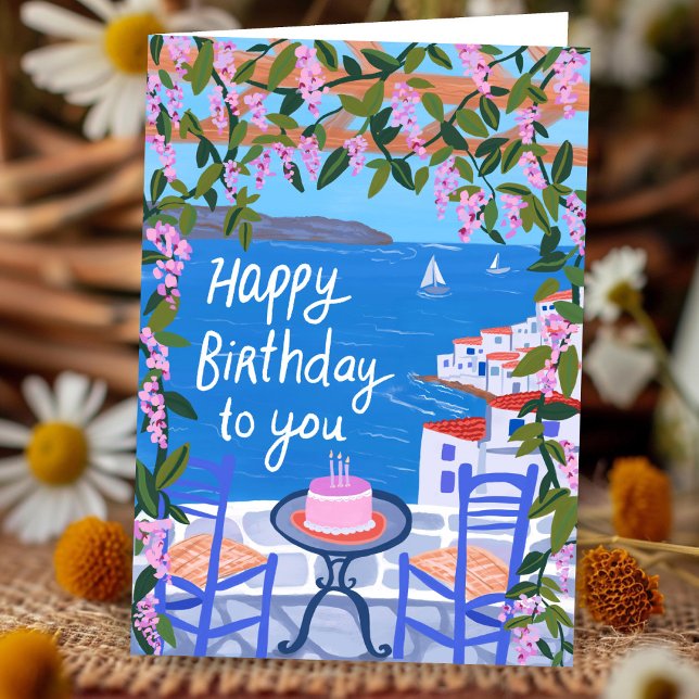 Grekland Terrassutsikt Konstnärlig målning Glad fö Kort (Greece Terrace Island Views Art Painting Happy Birthday Card
)