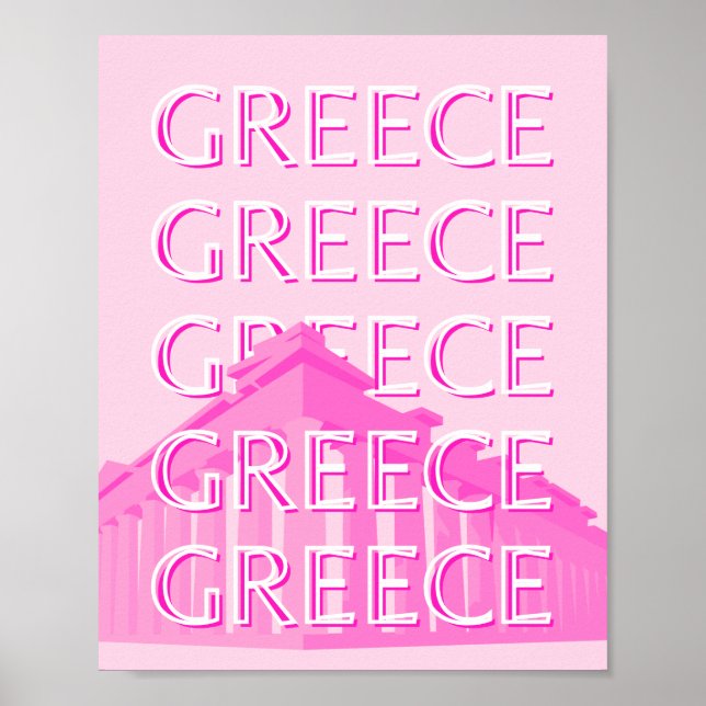 Grekland, Travel Art, Pastel Travel Art, Rosa Poster (Framsidan)