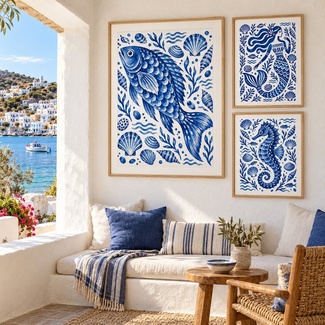 Greklands blå fis kustkonsttryck poster (Bring the spirit of the Aegean indoors with blue and white art, natural wood and soft textures.)