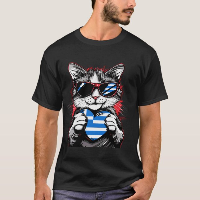 Greklands Flagga Katt Hellener Grekisk Stolthet He T Shirt (Framsida)