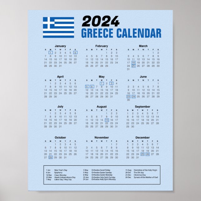 Greklands kalender med grekiska Helgdagar 2024 - n Poster (Framsidan)