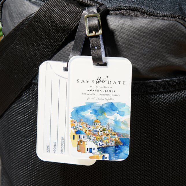 Greklands målbröllop Spara datumet Bagagebricka (Greece, santorino luggage tag save the date)