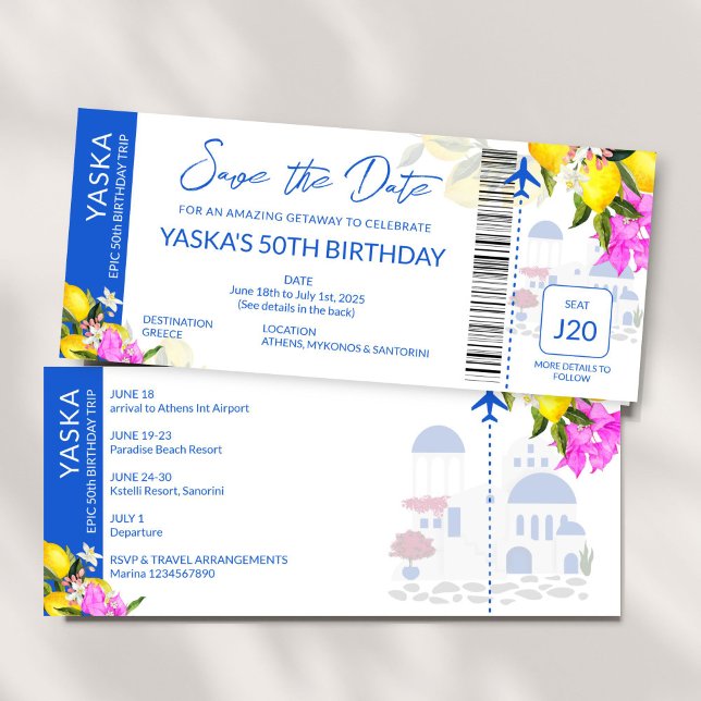 Greklands målfödelsedag spara datumet inbjudningar (Greece Destination birthday party save the date Invitation boarding pass ticket invite card template)