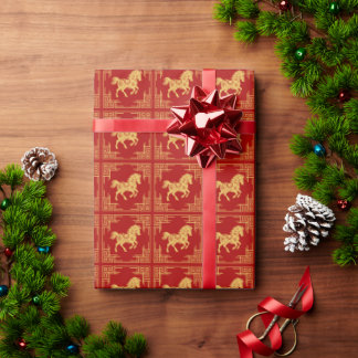 Greklands ornament ram guld häst mönster röd presentpapper