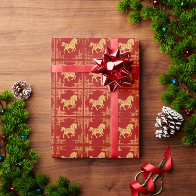 Greklands ornament ram guld häst mönster röd presentpapper (Julgåva)