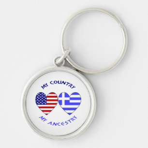 Greklands USA Flag Hjärtan Land Förfäder Rund Silverfärgad Nyckelring