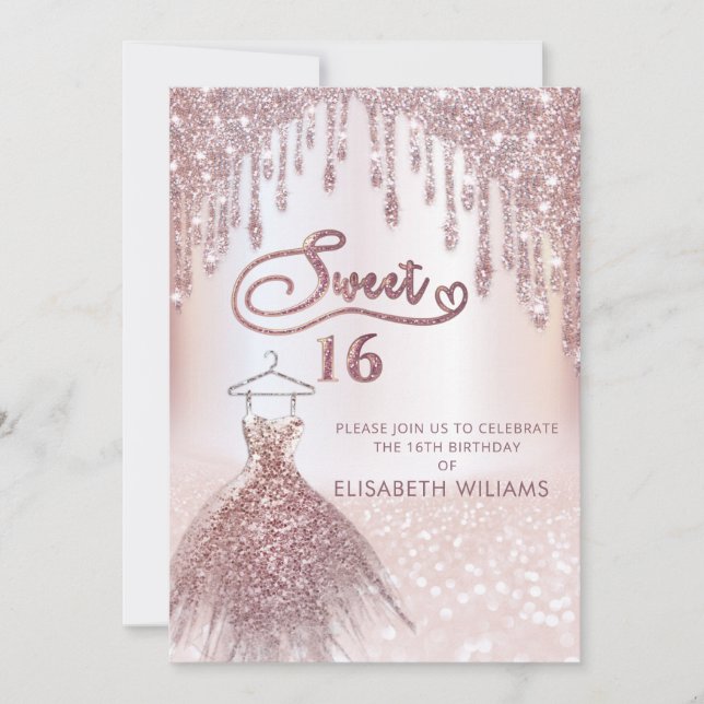 Grely chic klänning droppar ro guld glittery ombre inbjudningar (Framsida)