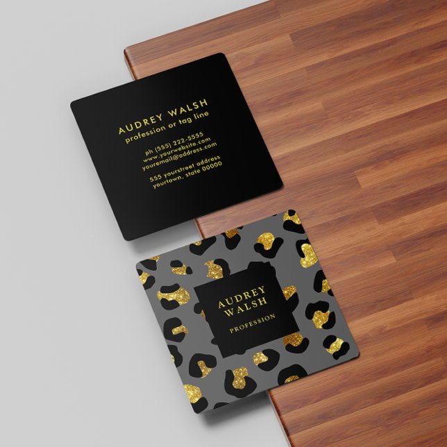 Grely Glittery Guld Grått Leopard print Luxury Fyrkantigt Visitkort (Skapare uppladdad)