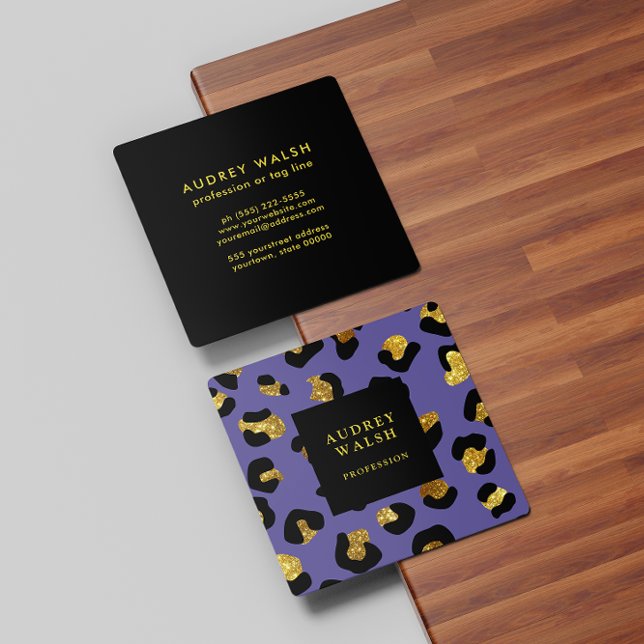 Grely Glittery Guld Lila Leopard skriver ut Luxury Fyrkantigt Visitkort (Skapare uppladdad)