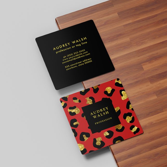 Grely Glittery Guld Red Leopard print Luxury Fyrkantigt Visitkort (Skapare uppladdad)