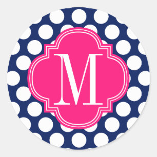 Grely Navy & Rosa Big Dots Monogrammed Runt Klistermärke