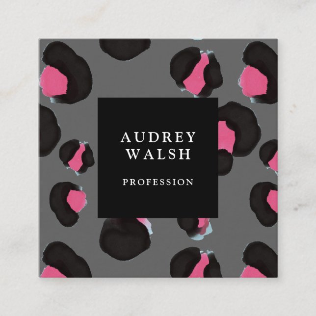 Grely Rosa Back Mörk Grått Leopard print Fyrkantigt Visitkort (Framsida)