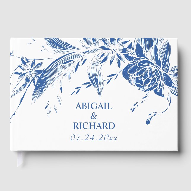 Gren med blå och vita blommor bröllop gästböcker (Framsida)