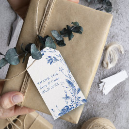 Gren med blå och vita blommor bröllop presentetikett