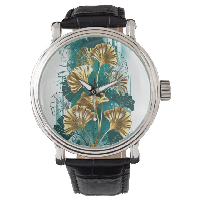 Gren med Golden Löv Ginko Biloba Armbandsur (Framsida)