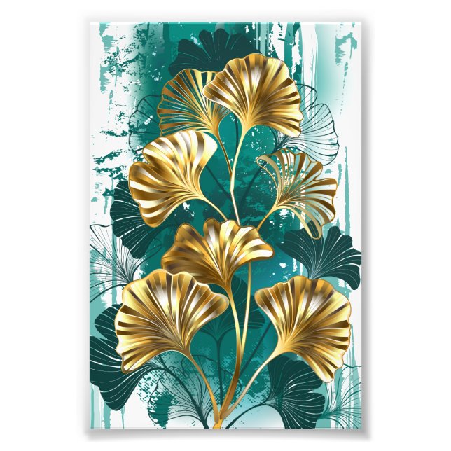 Gren med Golden Löv Ginko Biloba Fototryck (Framsidan)