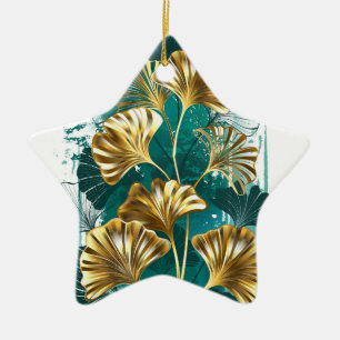 Gren med Golden Löv Ginko Biloba Julgransprydnad Keramik