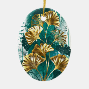 Gren med Golden Löv Ginko Biloba Julgransprydnad Keramik