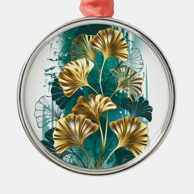 Gren med Golden Löv Ginko Biloba Julgransprydnad Metall (Framsidan)
