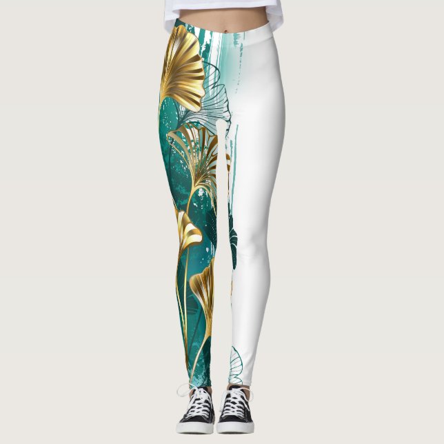 Gren med Golden Löv Ginko Biloba Leggings (Framsida)