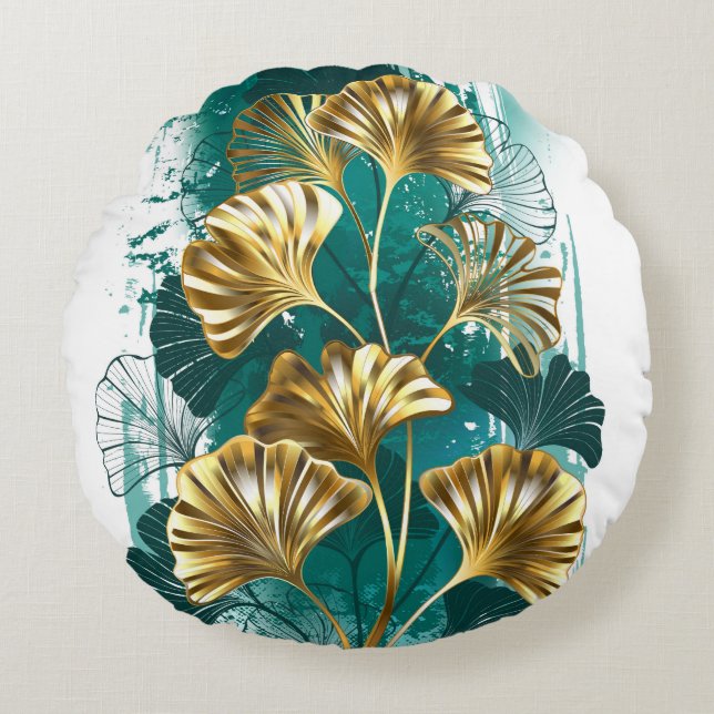 Gren med Golden Löv Ginko Biloba Rund Kudde (Framsidan)