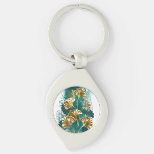Gren med Golden Löv Ginko Biloba Swirl Silverfärgad Nyckelring