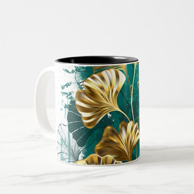 Gren med Golden Löv Ginko Biloba Två-Tonad Mugg (Framsida vänster)