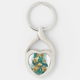 Gren med Golden Löv Ginko Biloba Twisted Heart Silverfärgad Nyckelring