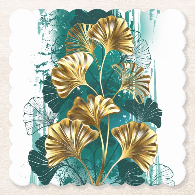 Gren med Golden Löv Ginko Biloba Underlägg Papper (Framsida)