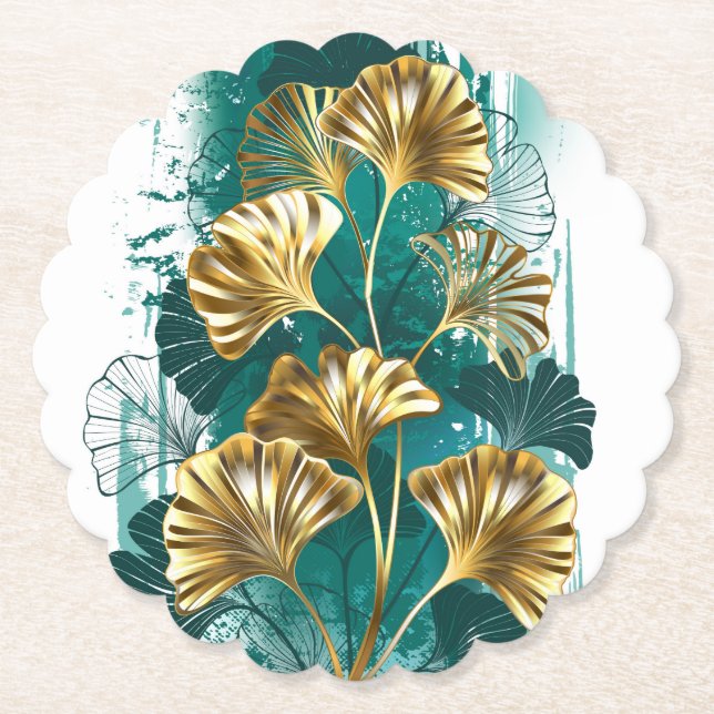 Gren med Golden Löv Ginko Biloba Underlägg Papper (Framsida)