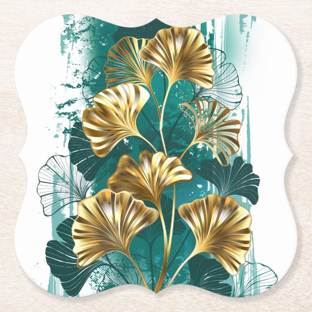 Gren med Golden Löv Ginko Biloba Underlägg Papper (Framsida)