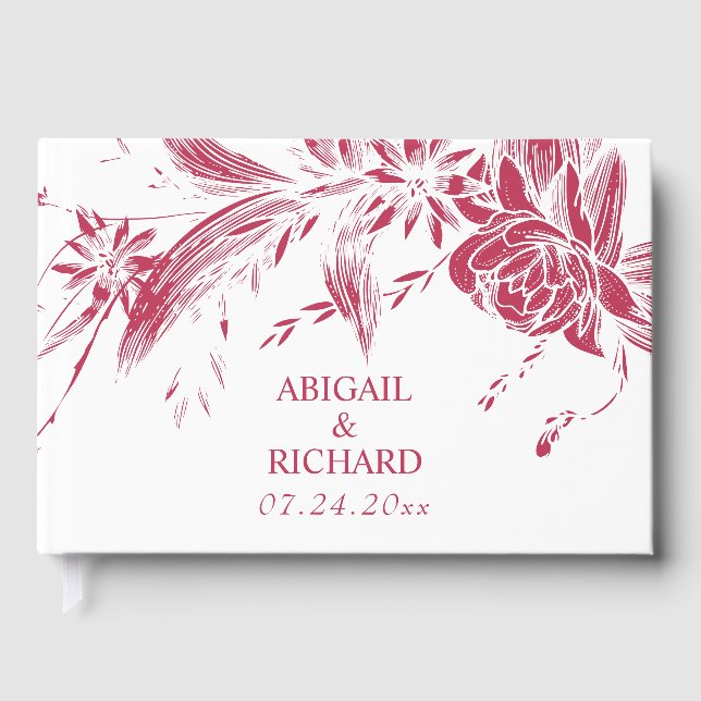 Gren med levande magenta och vita blommor bröllop gästböcker (Framsida)