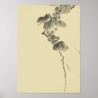 Gren med Löv och Berries Hokusai Fine Art Poster