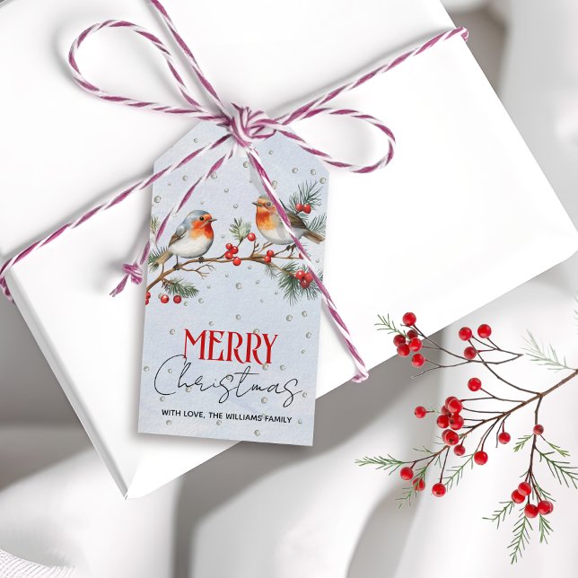 Gren med rödhakefåglar och bär jul presentetikett (Skapare uppladdad)