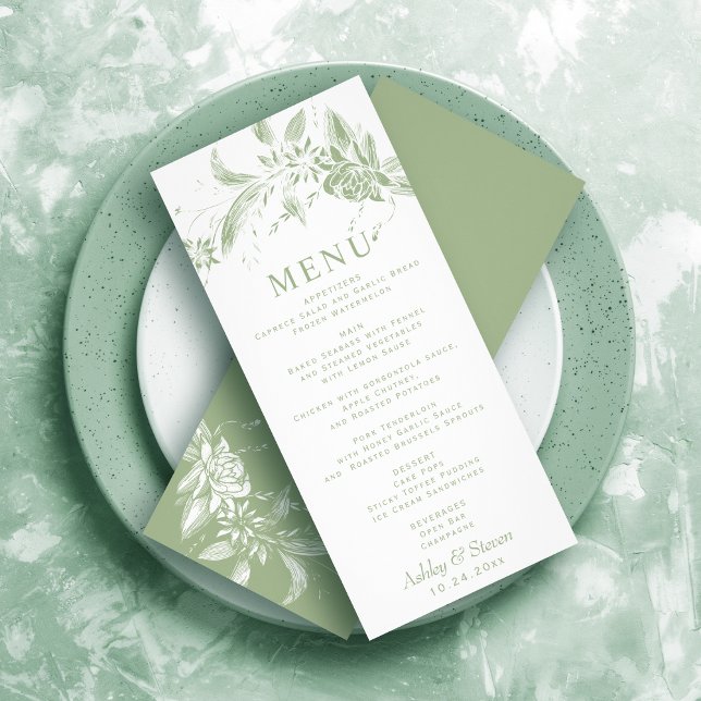 Gren med sage grönt blommor bröllop-menykort reklamkort (Skapare uppladdad)