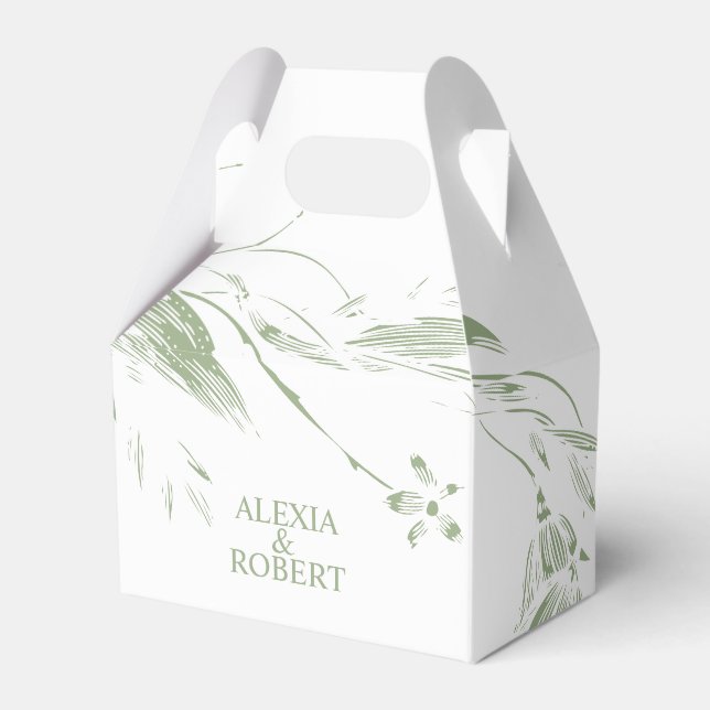 Gren med sage grönt och vita blommor bröllop presentaskar (Framsidan Sidan)