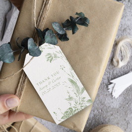 Gren med sage grönt och vita blommor bröllop presentetikett
