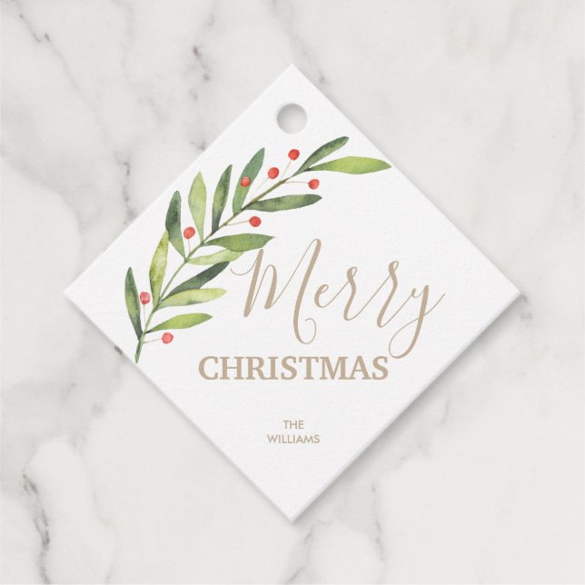 Gren och Berries på God jul Square Gåvor Etiketter (Framsida)