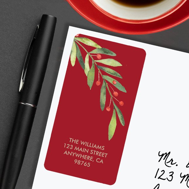 Gren och Berries Röda julafton Returadress Adressetikett (Branch and berries on red Christmas return address labels)