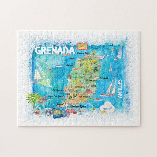 Grenada Antilles Illustrated Caribbean Travel Kart Pussel (Horisontell)