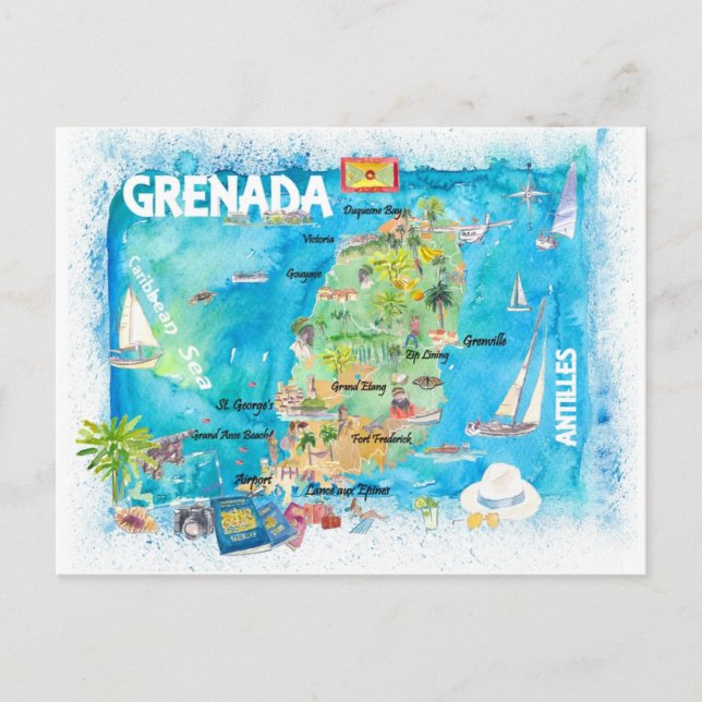 Grenada Antilles Illustrated Caribbean Travel Kart Vykort (Framsida)