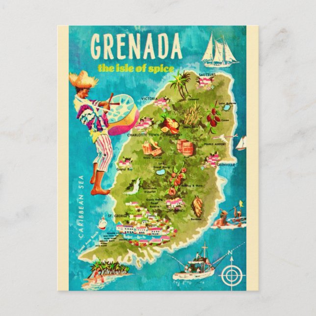 Grenada Island Map Postcard Vykort (Framsida)