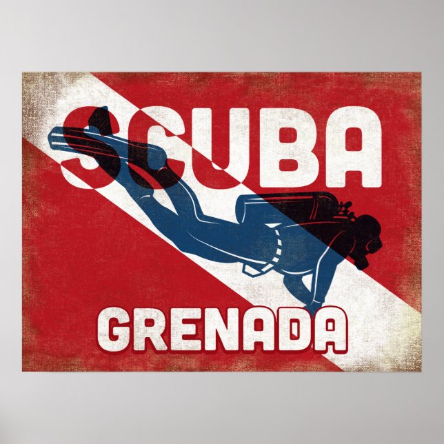 Grenada Scuba Diver - Blue Retro Poster (Framsidan)